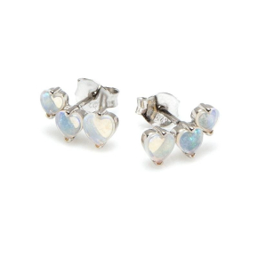 Heart earrings with natural white opal, in 925 rhodium silver