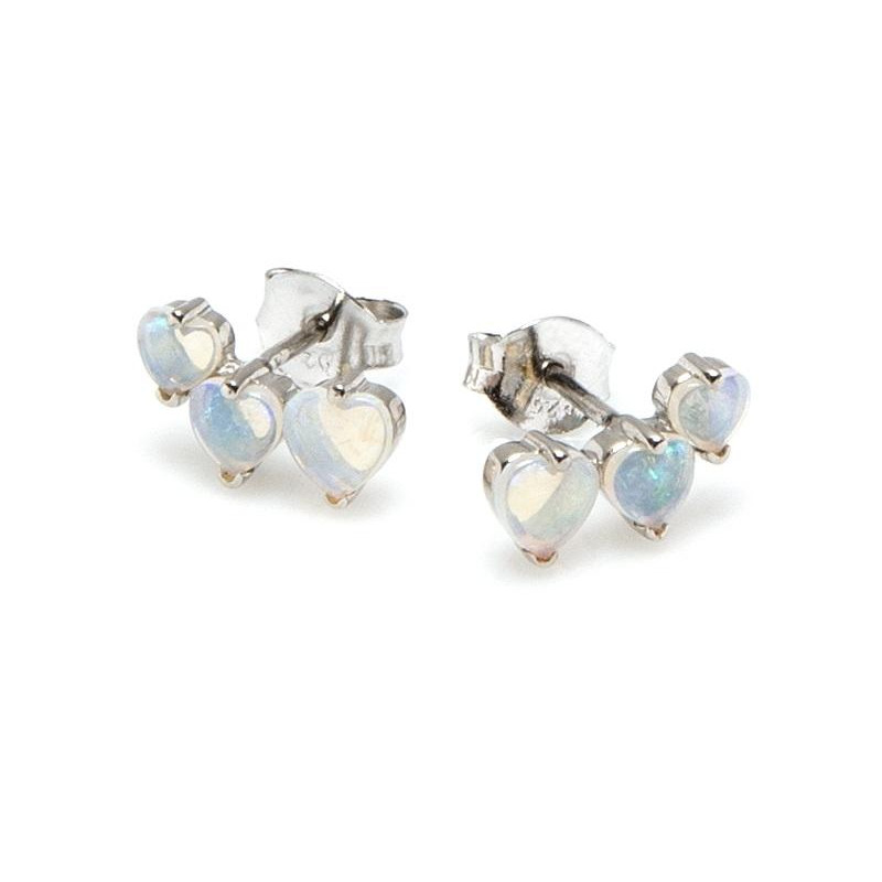 Heart earrings with natural white opal, in 925 rhodium silver