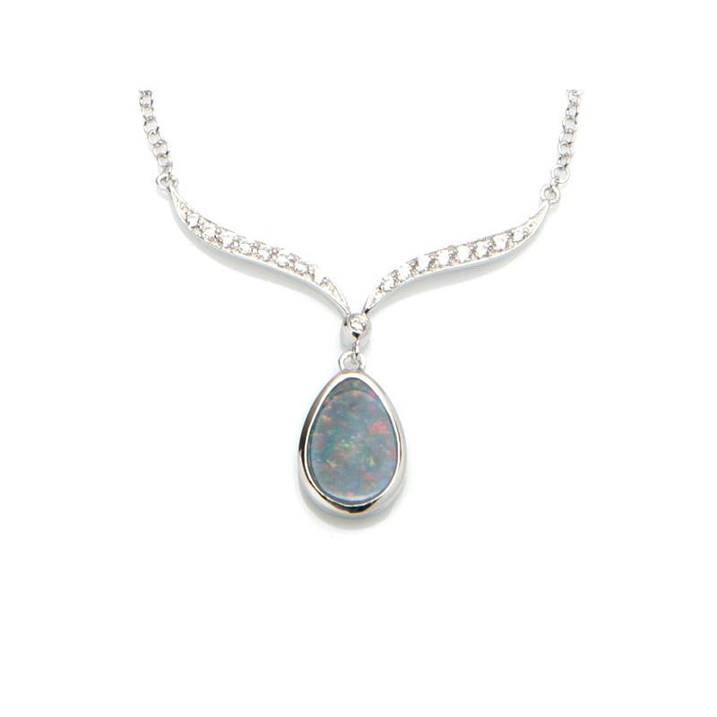 Collana con doppietto opale e ossido di zirconio, argento 925 rodiato, 42+3 cm