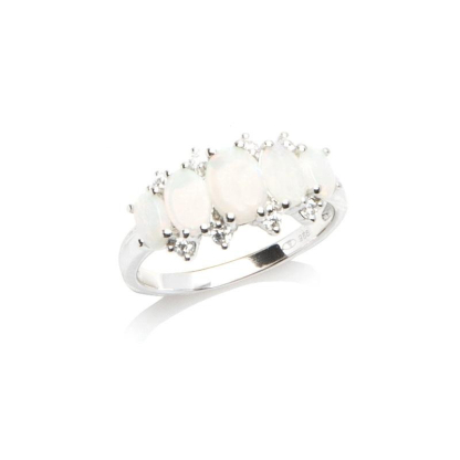 Bague avec opale ovale et oxyde de zirconium, en argent rhodié 925