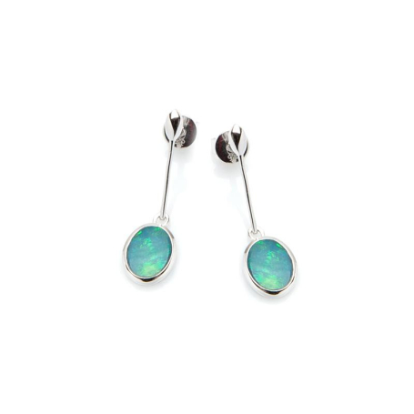 Stud earrings with oval doublet blue opal, in 925 rhodium silver