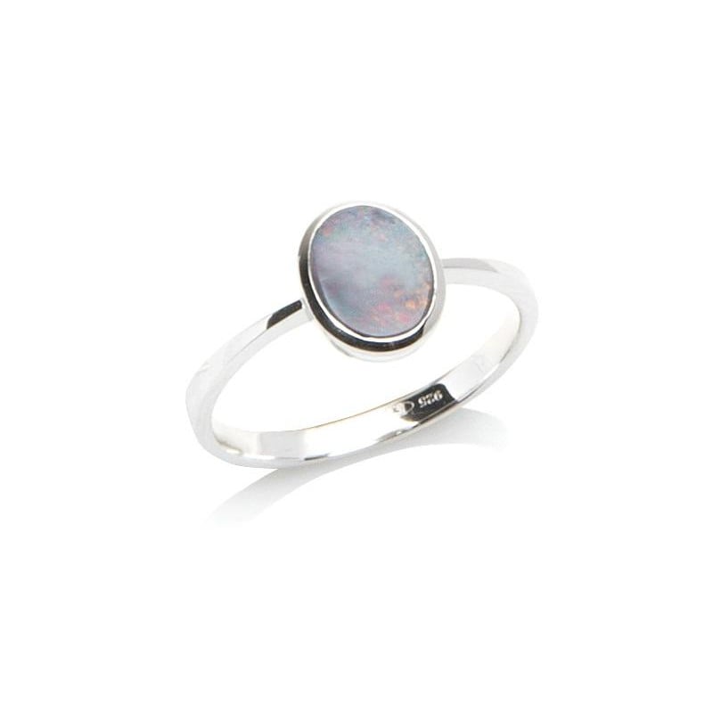 Inel cu opal dublu australian oval albastru, din argint 925 placat cu rodiu
