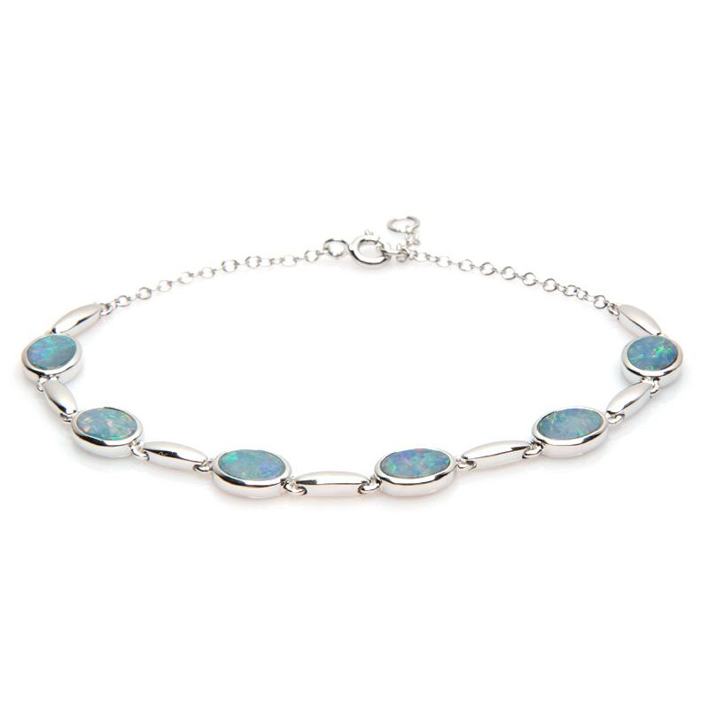 Bracciale con opale blu doppietto ovale, in argento 925 rodiato, lunghezza 18+1 cm