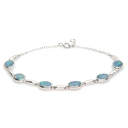 Bratara cu dublet oval albastru opal, din argint 925 rodiu, lungime 18+1 cm