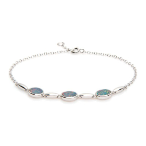 Bracelet avec opale bleue doublet ovale, en argent rhodié 925, longueur 18+1 cm