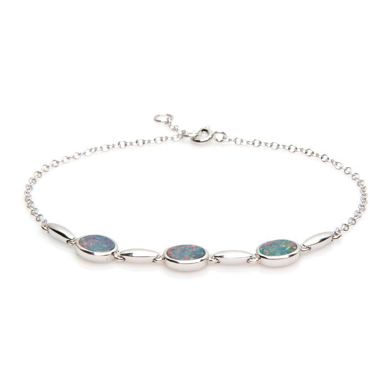 Bracelet avec opale bleue doublet ovale, en argent rhodié 925, longueur 18+1 cm