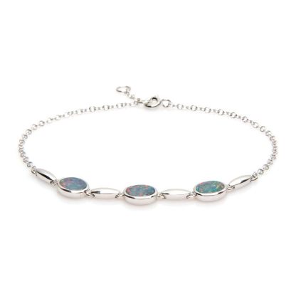Bratara cu dublet oval albastru opal, din argint 925 rodiu, lungime 18+1 cm