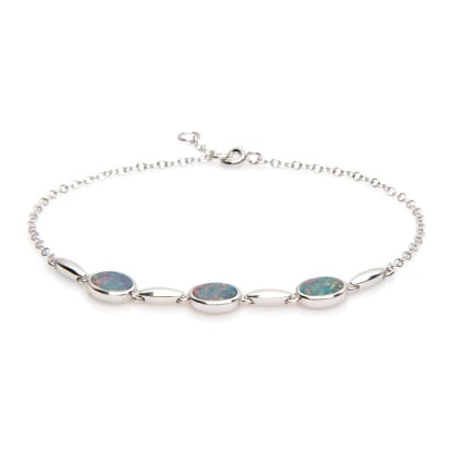 Pulseira com gibão oval opala azul, em prata 925 banhada a ródio, comprimento 18+1 cm