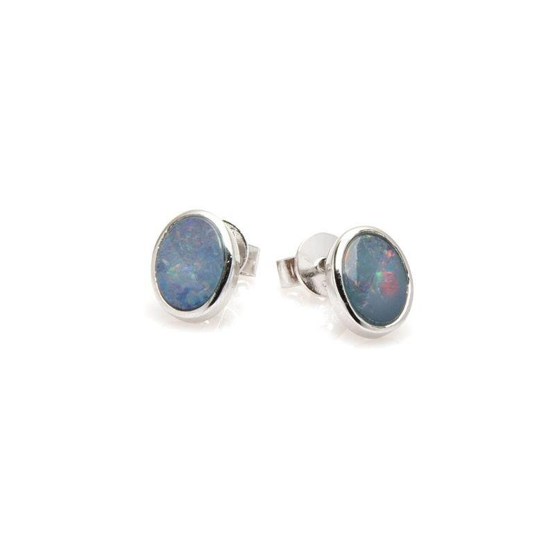 Cercei tip dublet cu opal albastru oval, din argint 925 placat cu rodiu