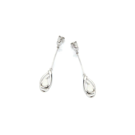 White Opal Drop Dangle Earrings, 925 Rhodium Silver
