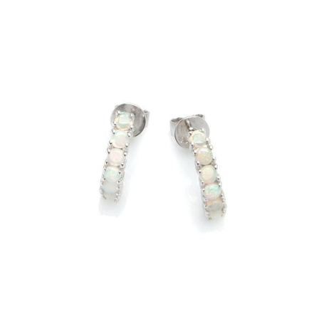 Stud earrings with round natural white opal, in 925 rhodium silver