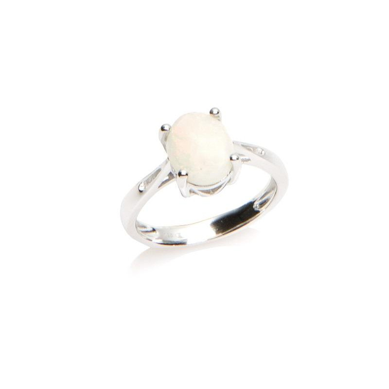 Bague avec opale blanche naturelle d'Australie ovale, en argent rhodié 925