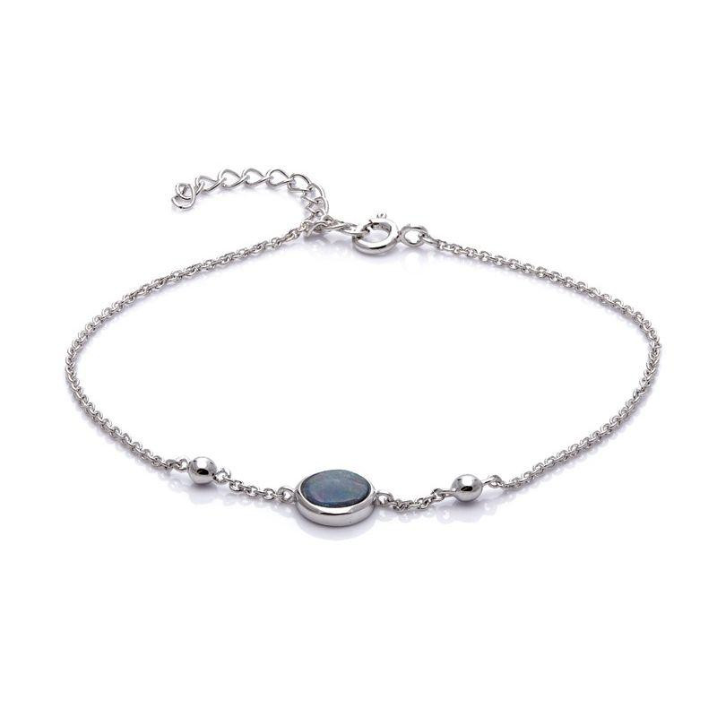 Bracciale con opale blu doppietto tondo, in argento 925 rodiato, lunghezza 17+3 cm