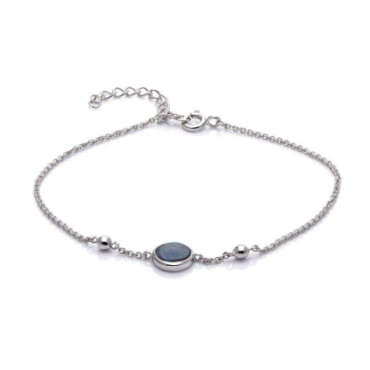 Bracciale con opale blu doppietto tondo, in argento 925 rodiato, lunghezza 17+3 cm