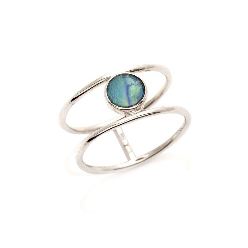 Ring with round Australian doublet blue opal, in 925 rhodium silver
