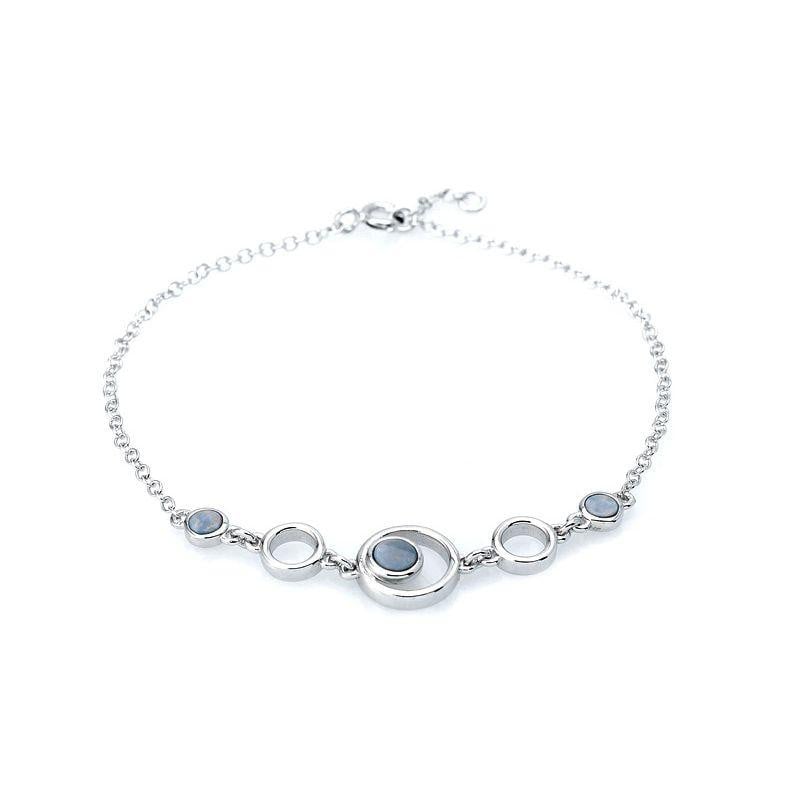 Bracciale con opale blu doppietto tondo, in argento 925 rodiato, lunghezza 18+1 cm