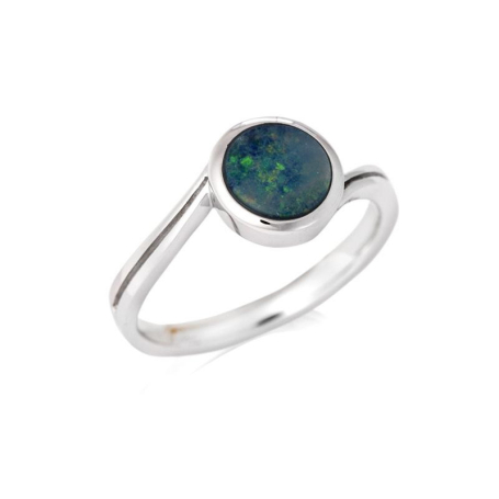 Ring with round Australian doublet blue opal, in 925 rhodium silver