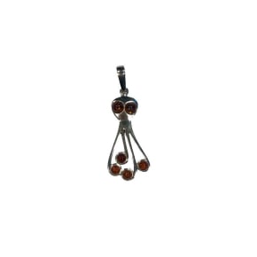 Pendentif pieuvre avec ambre cognac rond, en argent rhodié 925, hauteur 3+1 cm