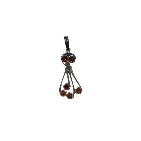 Ciondolo Polpo con ambra tonda cognac, in argento 925 rodiato, altezza 3+1 cm