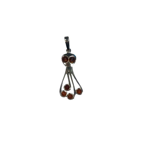Pendentif pieuvre avec ambre cognac rond, en argent rhodié 925, hauteur 3+1 cm