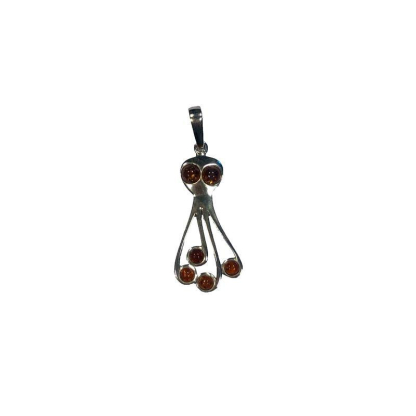 Oktopus-Anhänger mit rundem Cognac-Bernstein, aus 925 rhodiniertem Silber, Höhe 3+1 cm