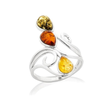 Bague multipierres avec ambre multicolore naturel, argent rhodié