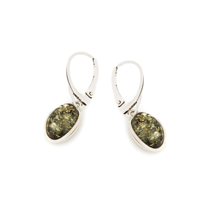 Boucles d'oreilles pendantes avec ambre vert ovale, en argent rhodié 925