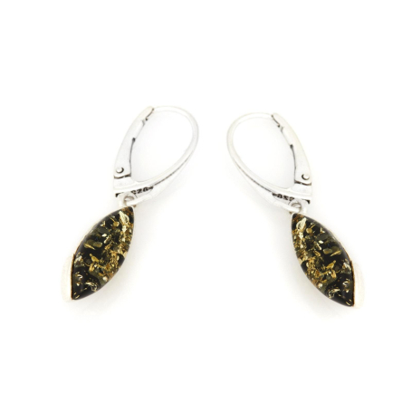Boucles d'oreilles pendantes avec ambre vert navette, en argent rhodié 925