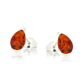 Earrings with cognac amber from the Baltic Sea drop, rhodium-plated silver 925