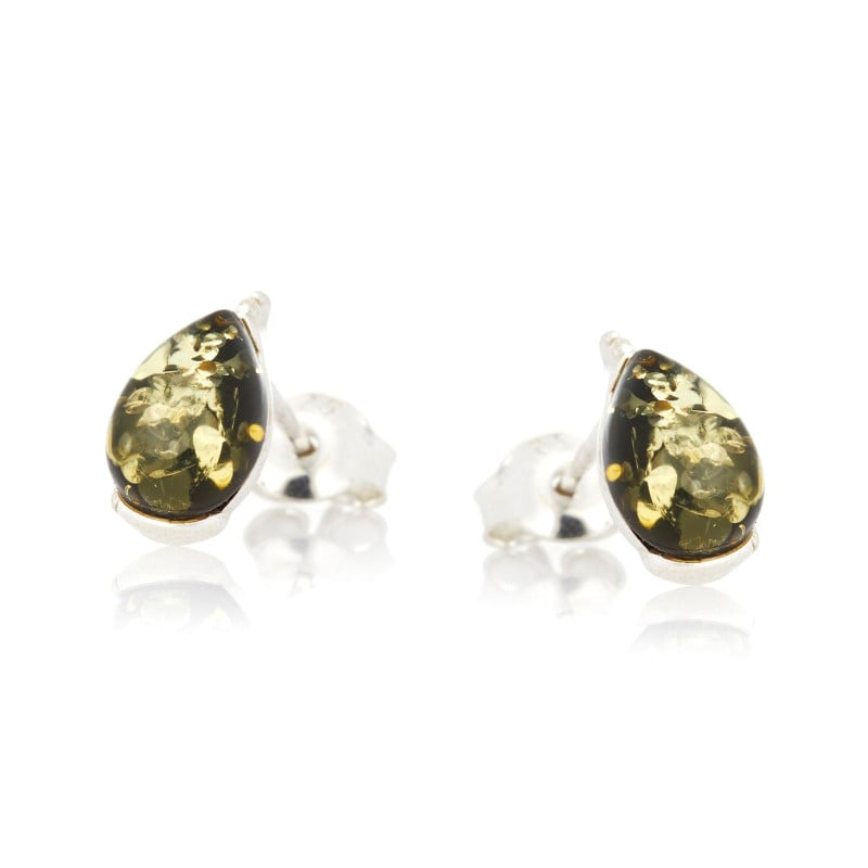 Stud earrings with Baltic Sea green amber drop, rhodium-plated silver 925