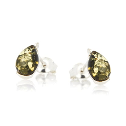 Stud earrings with Baltic Sea green amber drop, rhodium-plated silver 925