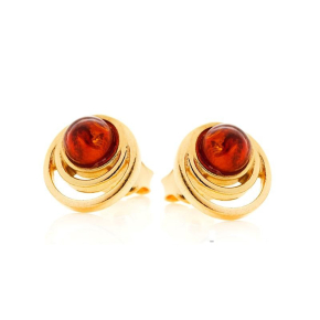Brincos redondos com âmbar conhaque natural do Mar Báltico, prata dourado