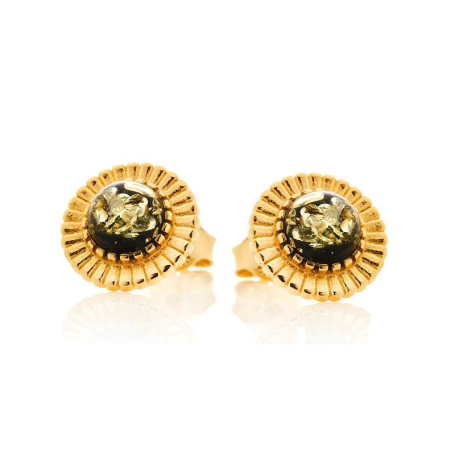 Sun stud earrings with round natural green amber, in 925 gold plated silver