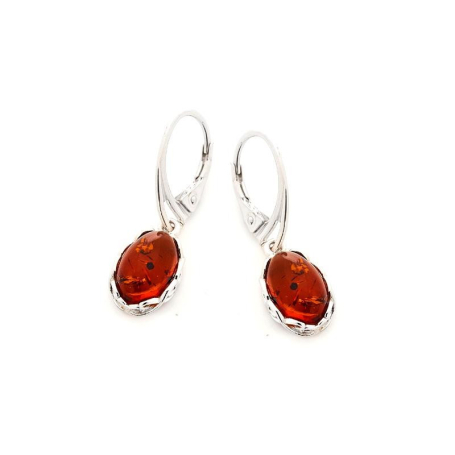 Boucles d'oreilles pendantes avec ambre cognac naturel ovale, argent rhodié 925