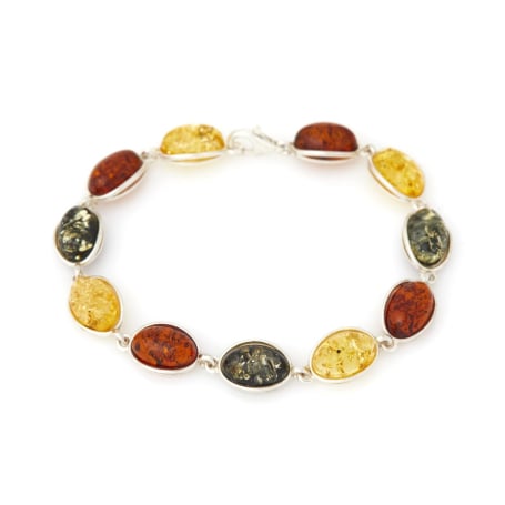 Bracciale con ambra tonda multicolore, in argento 925 rodiato, lunghezza 19 cm