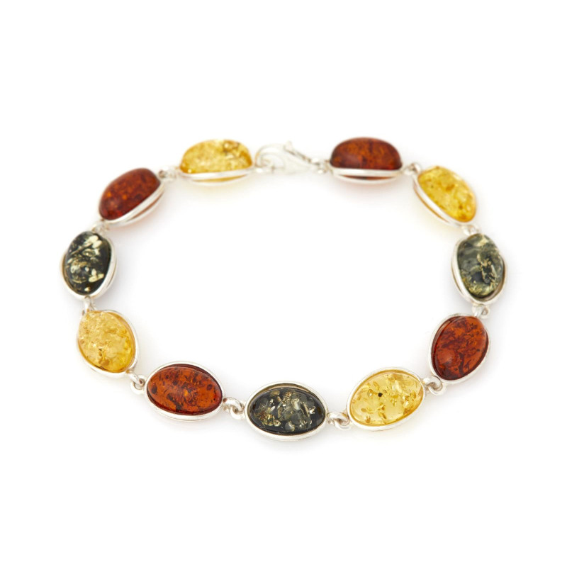 Pulsera con ámbar redondo multicolor, en plata 925 rodiada, longitud 19 cm
