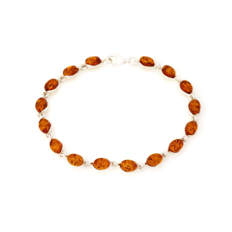 Pulseira oval em âmbar conhaque natural, em prata 925 banhada a ródio, comprimento 19 cm
