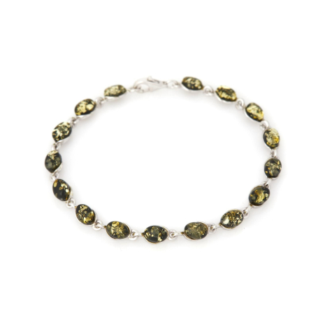 Bracelet avec ambre vert naturel ovale, en argent rhodié 925, longueur 19 cm