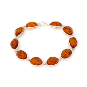 Armband met ovale natuurlijke cognac amber, in 925 gerhodineerd zilver, lengte 18 cm