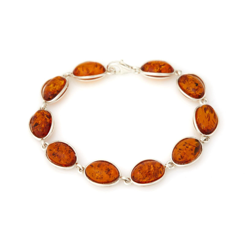 Armband met ovale natuurlijke cognac amber, in 925 gerhodineerd zilver, lengte 18 cm