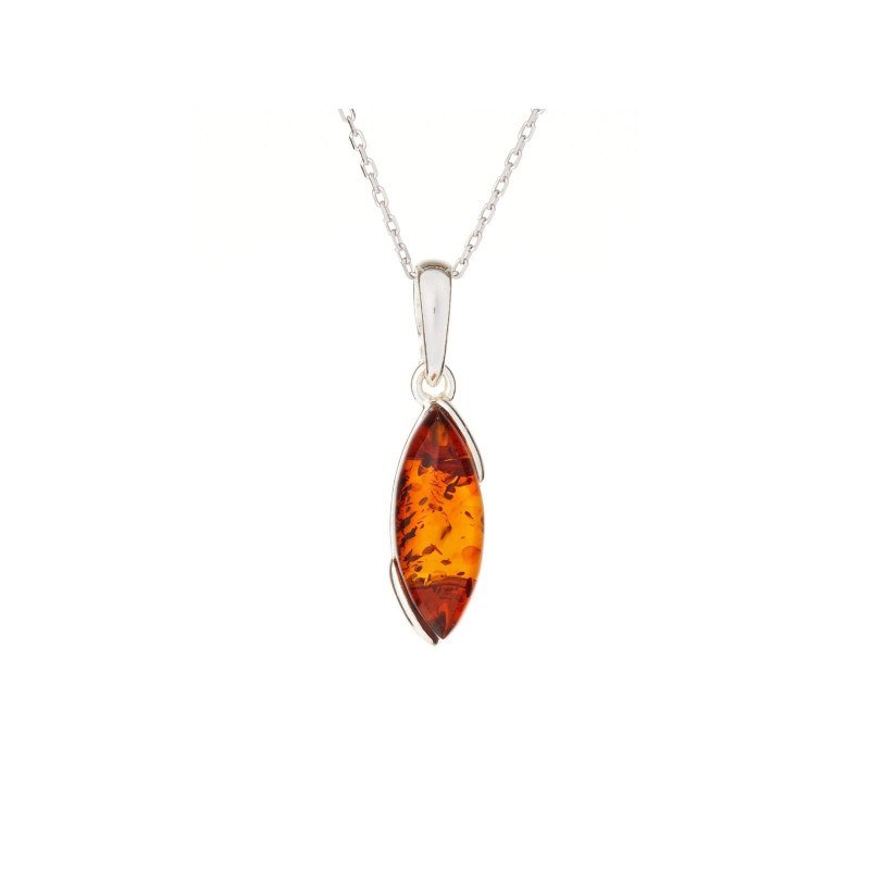 Pendant with cognac amber navette, in rhodium-plated silver 925, height 1.6+0.8 cm