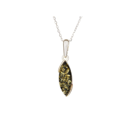 Pendant with green amber navette, in rhodium silver 925, height 1.6+0.8 cm