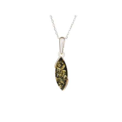 Pendentif avec ambre vert navette, en argent rhodié 925, hauteur 1,6+0,8 cm