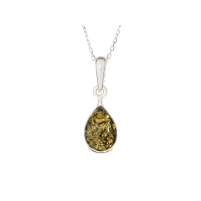 Hanger met groene amberdruppel, in 925 gerhodineerd zilver, hoogte 1+0,8 cm