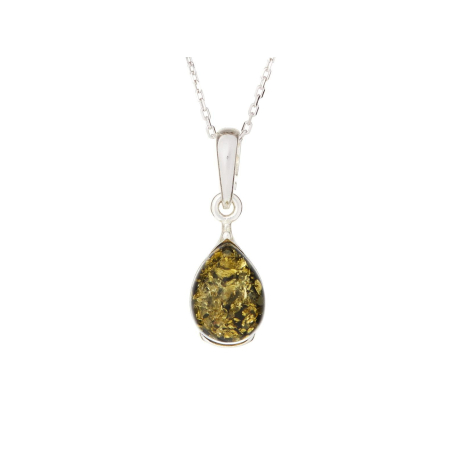 Pendant with green amber drop, in rhodium silver 925, height 1+0.8 cm