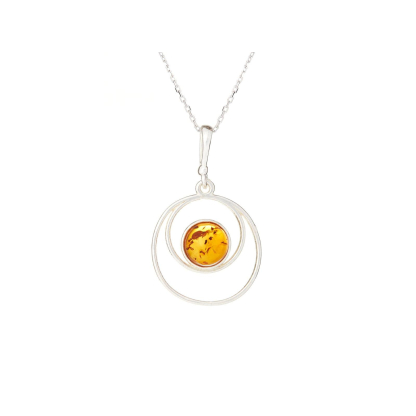 Pendant with round cognac amber, in 925 rhodium silver, height 2+0.8 cm