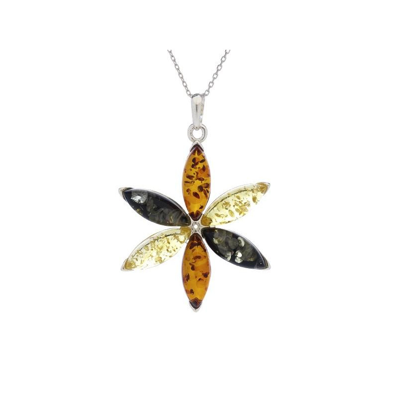 Ciondolo fiore con ambra multicolore, in argento 925 rodiato, altezza 3,5+0,9 cm