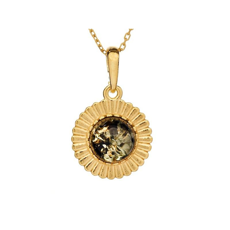 Sun pendant with round natural green amber, in 925 gold plated silver