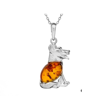 Dog pendant with natural oval cognac amber, in 925 rhodium silver