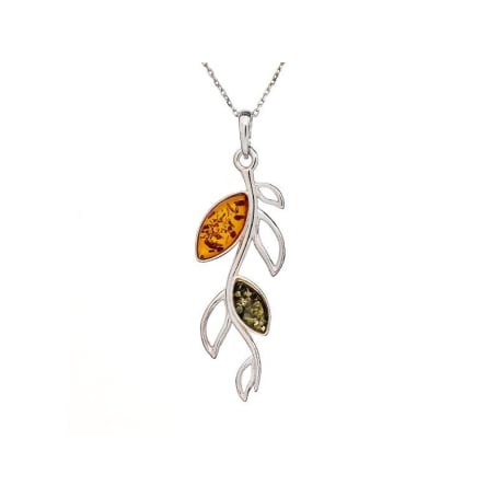 Pendente ramo com âmbar natural multicolorido oval, em prata 925 banhada a ródio